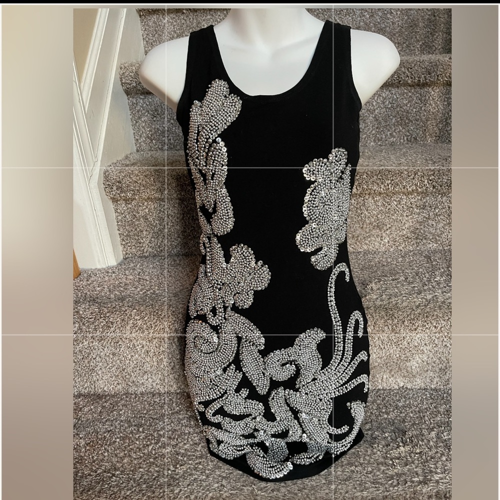 PlAttitudes by Debra Black Beaded Spandex fitted Mini Dress GORGEOUS Sz. S